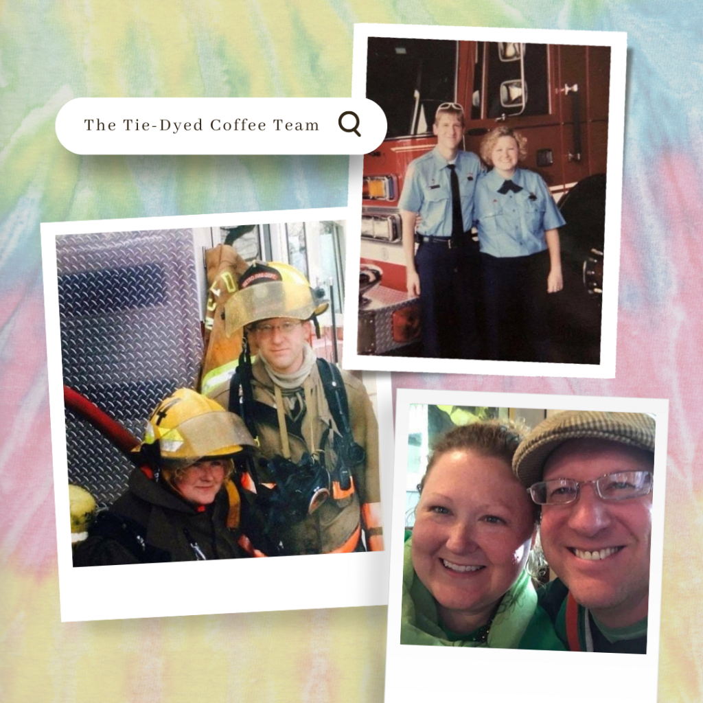 Travis and Kelly, owners of Tie-Dyed Coffee Bean in Surfside, in their fire and EMS uniforms.